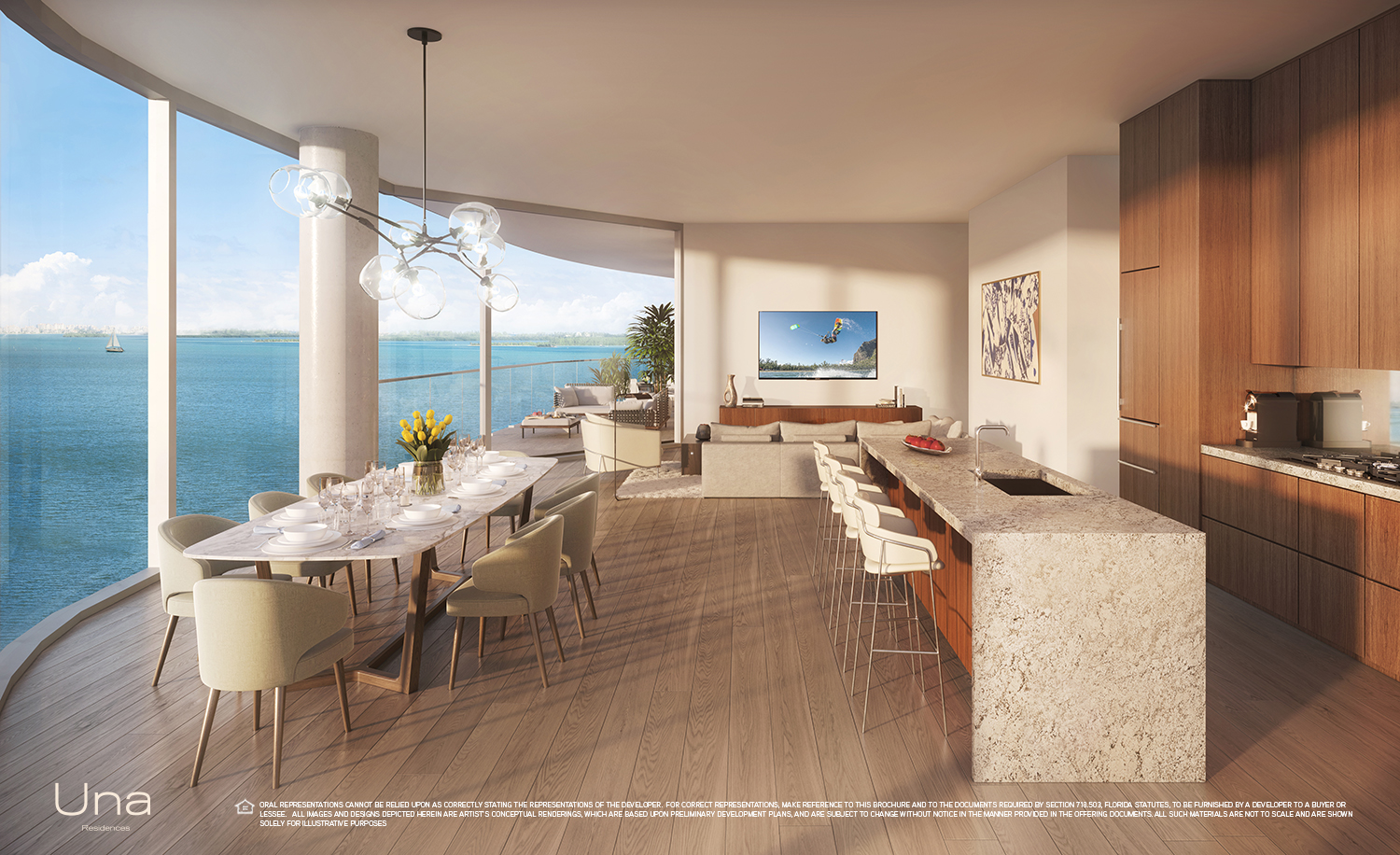 Una Residences great room with bay views